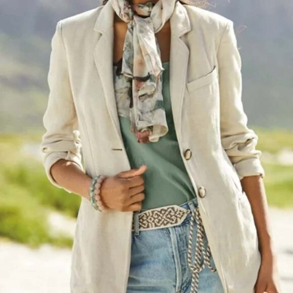Peruvian Connection Women 8 Belda Blazer Linen Blend Jacket Beige Pinstripe
